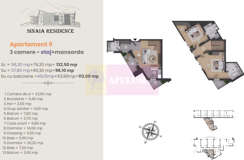 Apartament cu 3 camere cu finisaje de LUX in Sinaia la etaj + mansarda